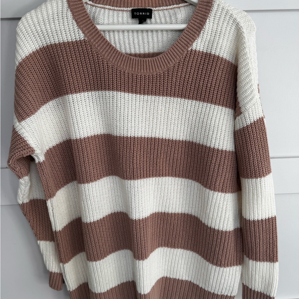 TORRID Women's Crew Neck Sweater - Cream and mauve Stripes